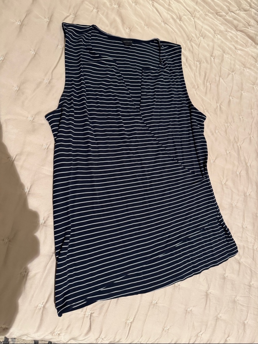 Ann Taylor Navy & White Striped Sleeveless Faux Wrap Tank